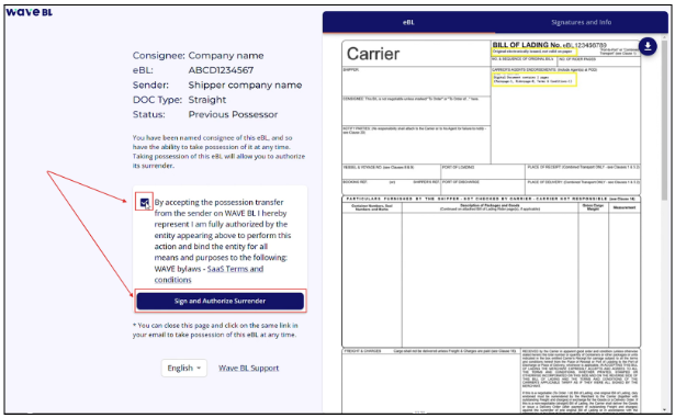 Authorize surrender by a consignee that is not onboarded on WaveBL (SDU)