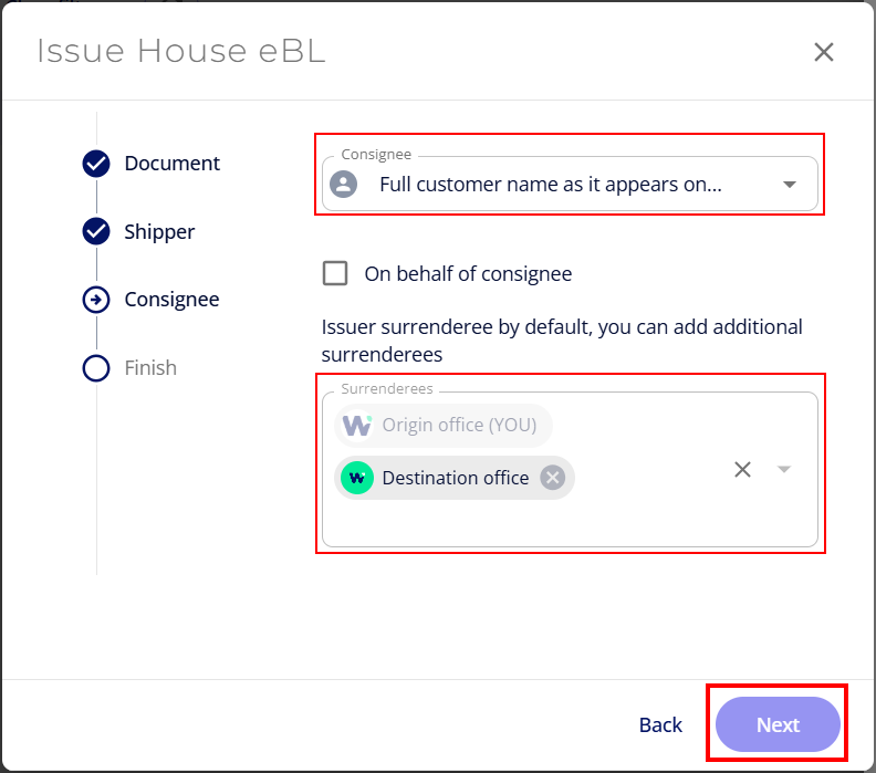 Issue a House eBL when the Consignee Is not Onboarded (SDU)