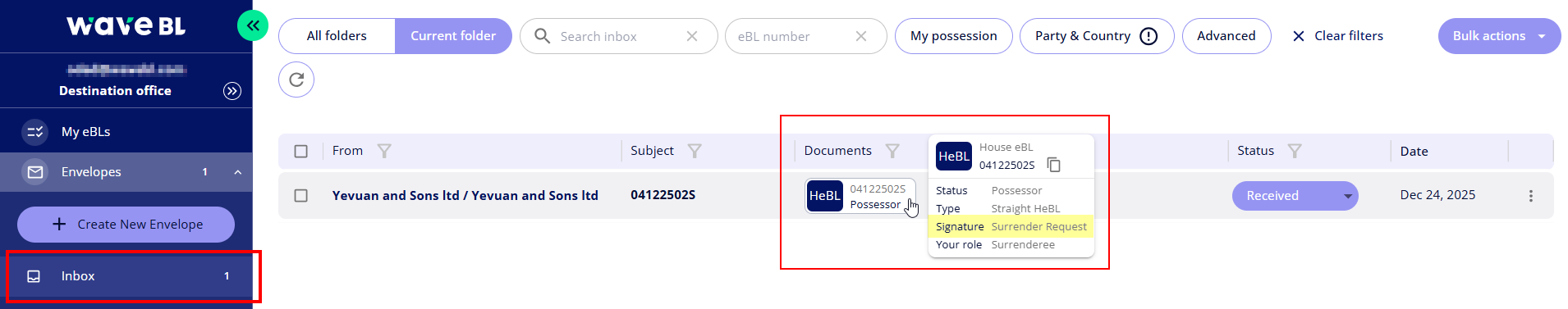 Accomplish Surrender of HeBL without onboarded Consignee (SDU)