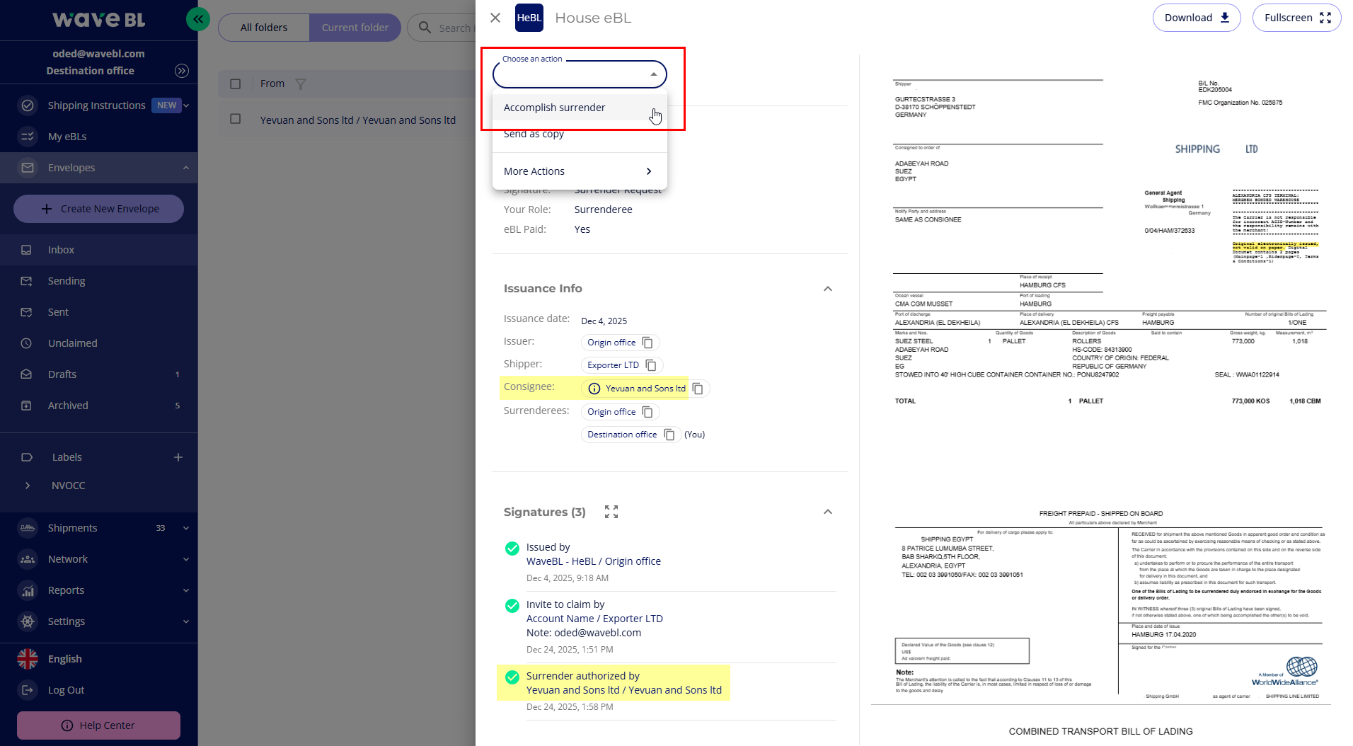 Accomplish Surrender of HeBL without onboarded Consignee (SDU)